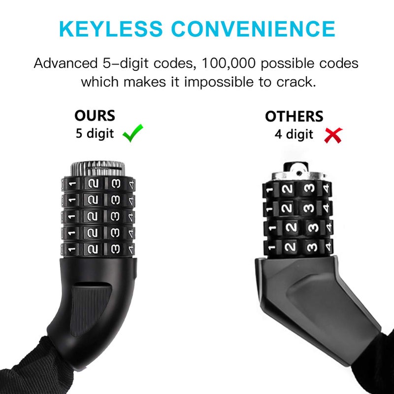 UBULLOX Bike Chain Lock 3FT 5-Digit Combination Bike Locks Anti-Theft Bicycle Lock 6mm Thick Resettable Steel Chain for Bicycle, Motorcycle, Scooter, Gate, Fence - Image 2
